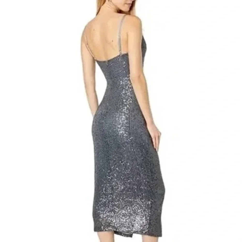 LAUNDRY by Shelli Segal Sequin Cowl Neck Slip Midi Dress in Gunmetal - Picture 3 of 12